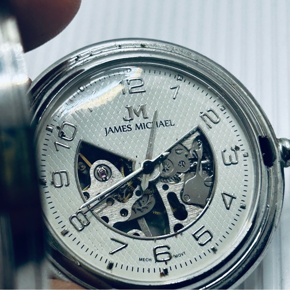 Vintage James Michael Silver Art Deco Pocket Watch with Chain - Picture 4 of 10